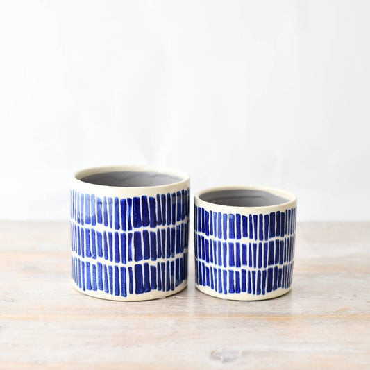 Blue Vertical Lined Stoneware Medium Planter