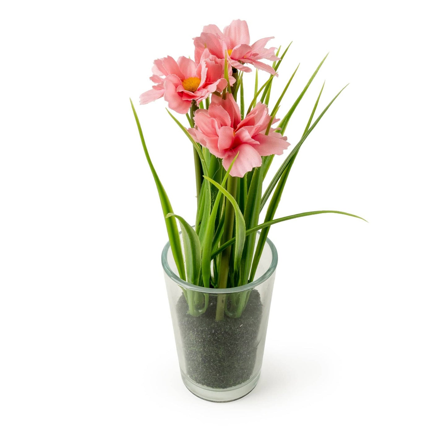 Faux Pink Daisy in Glass Vase.