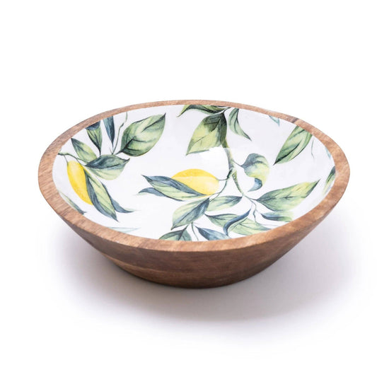 Handcrafted Round Lemon patterned Mango Wood Bowl
