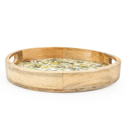 Handcrafted Round Olive patterned Mango Wood Tray