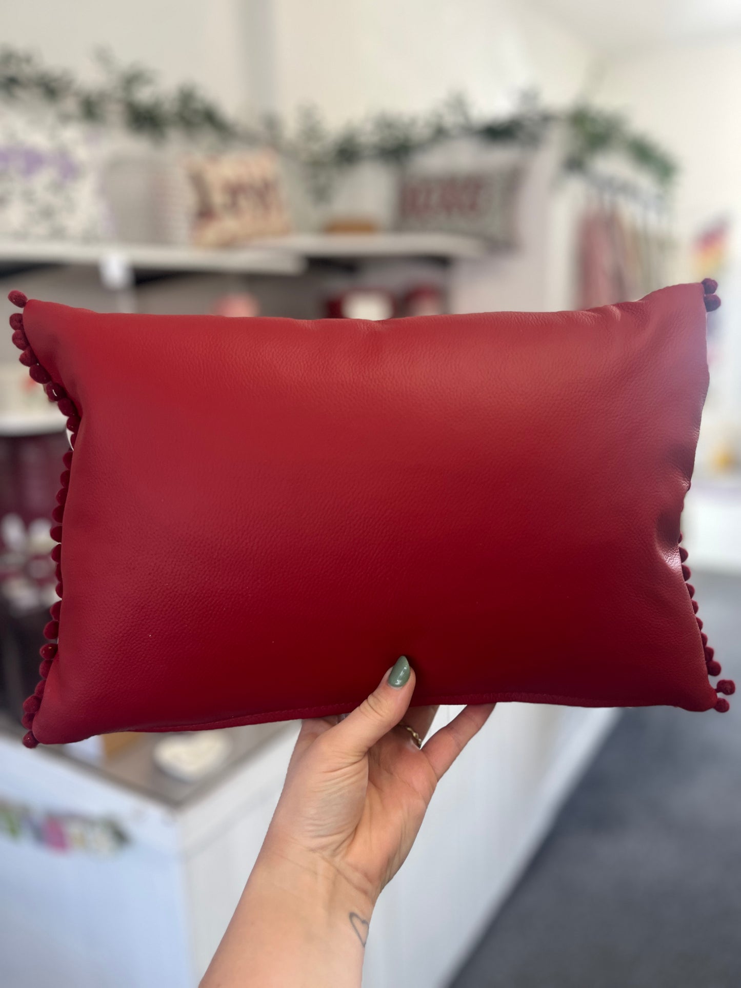 Ruby Red Leather Love Cushion.