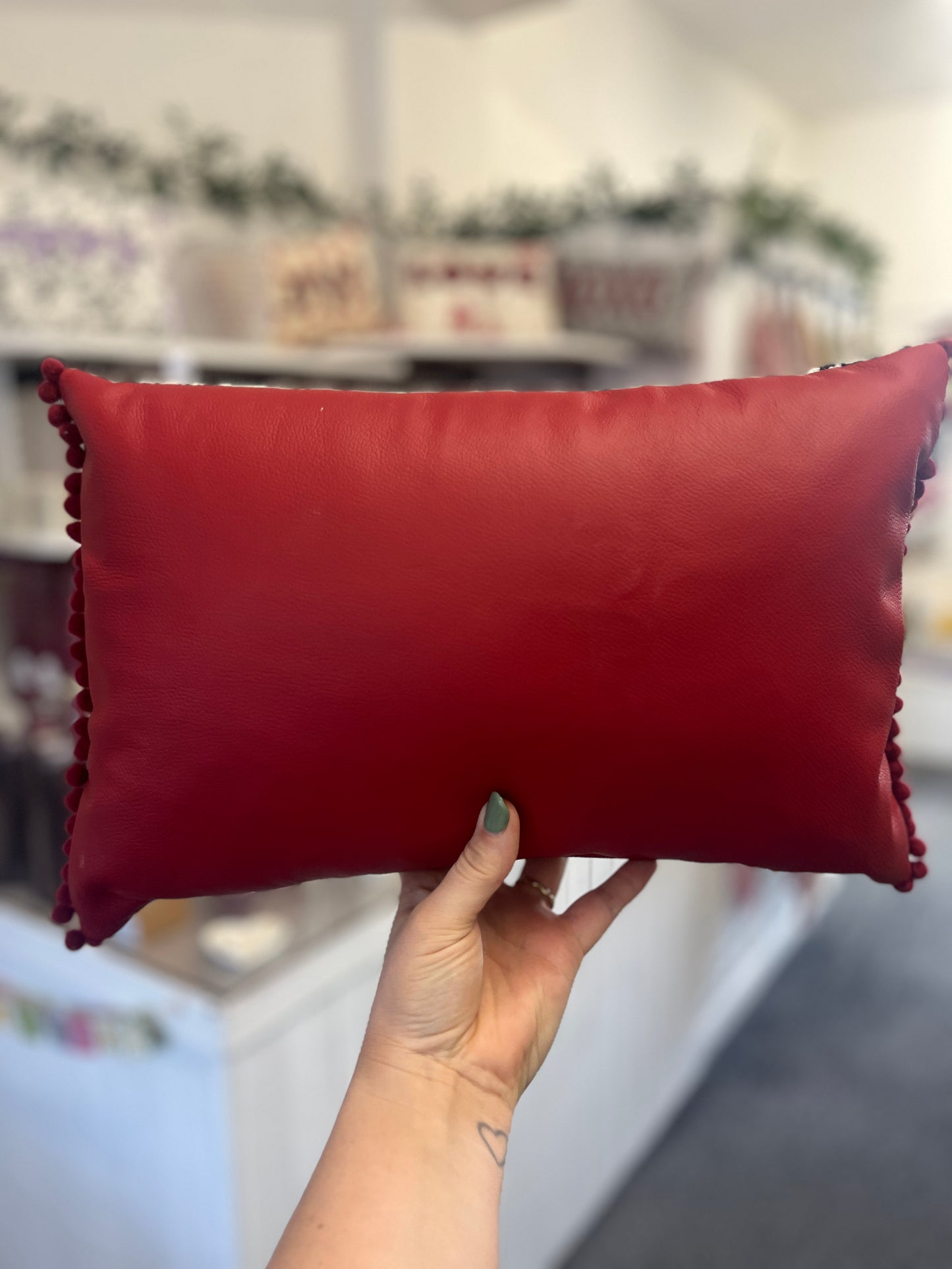 Ruby Red Leather Love Cushion.