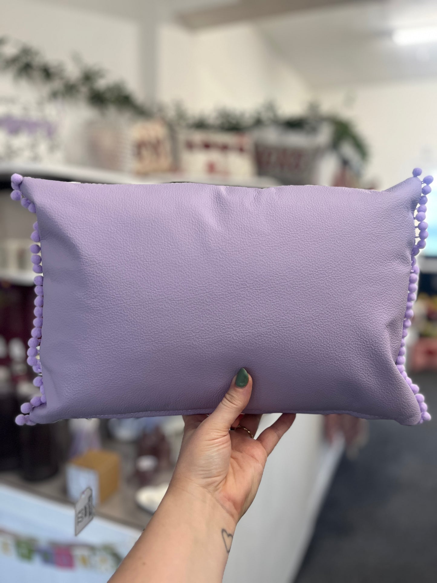Lilac Leather Happy Cushion.