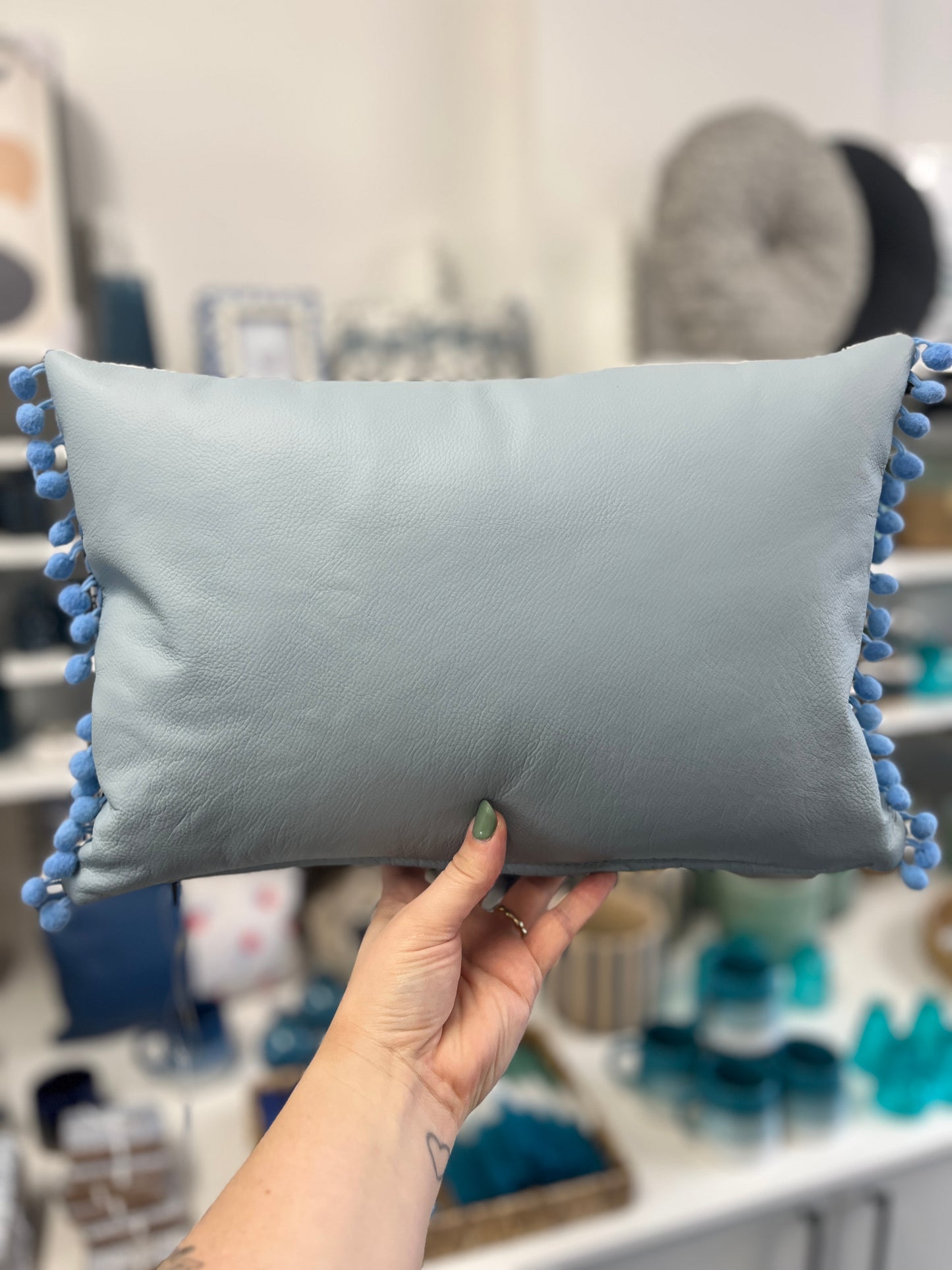Light Blue Leather Happy Cushion.