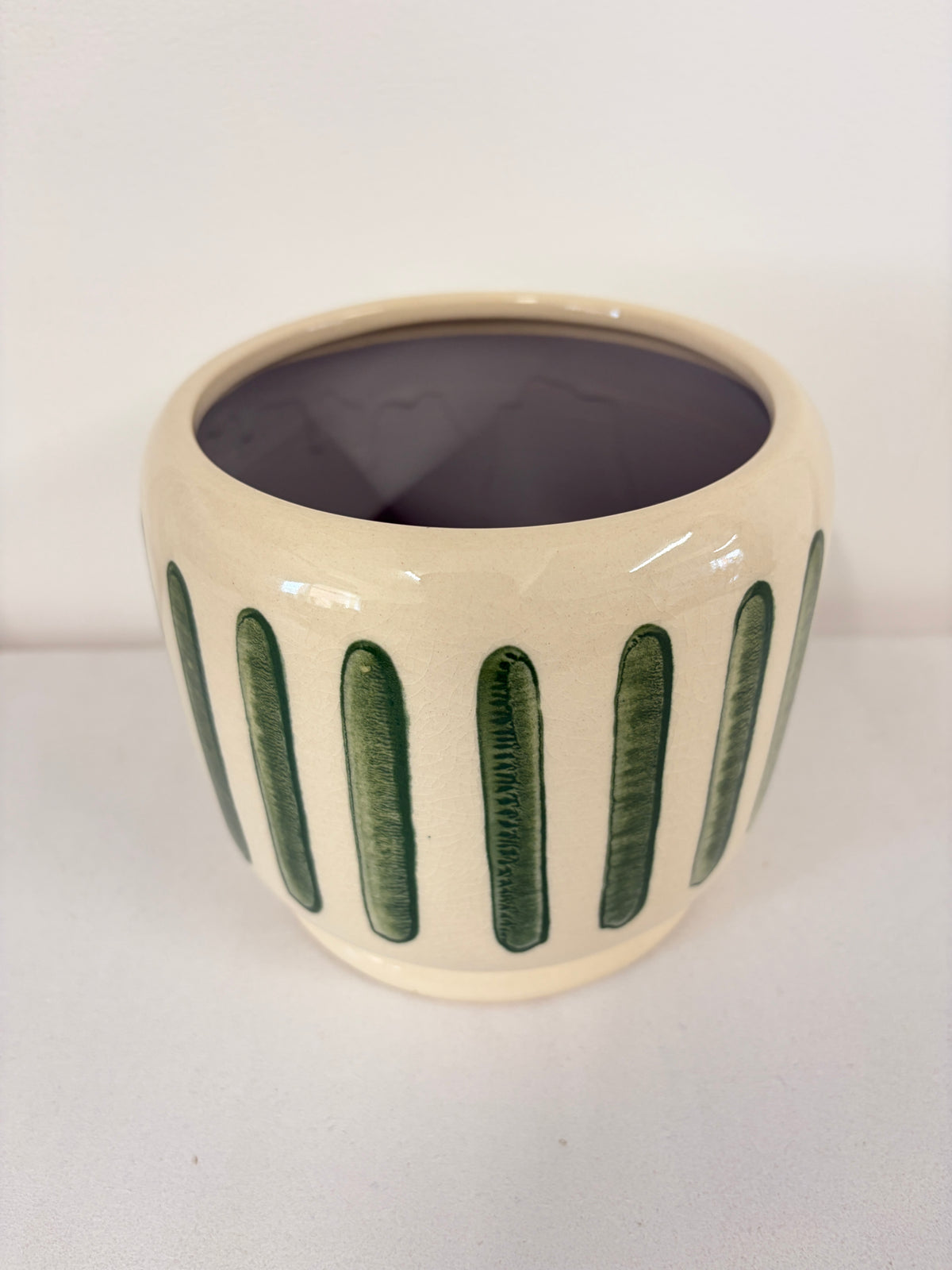 Green Stripe Glazed Ceramic Medium Planter