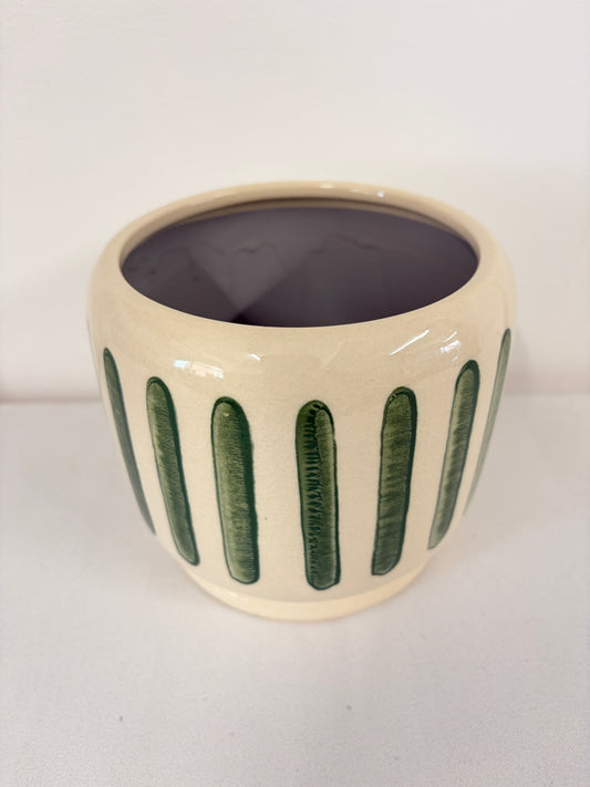 Green Stripe Glazed Ceramic Medium Planter