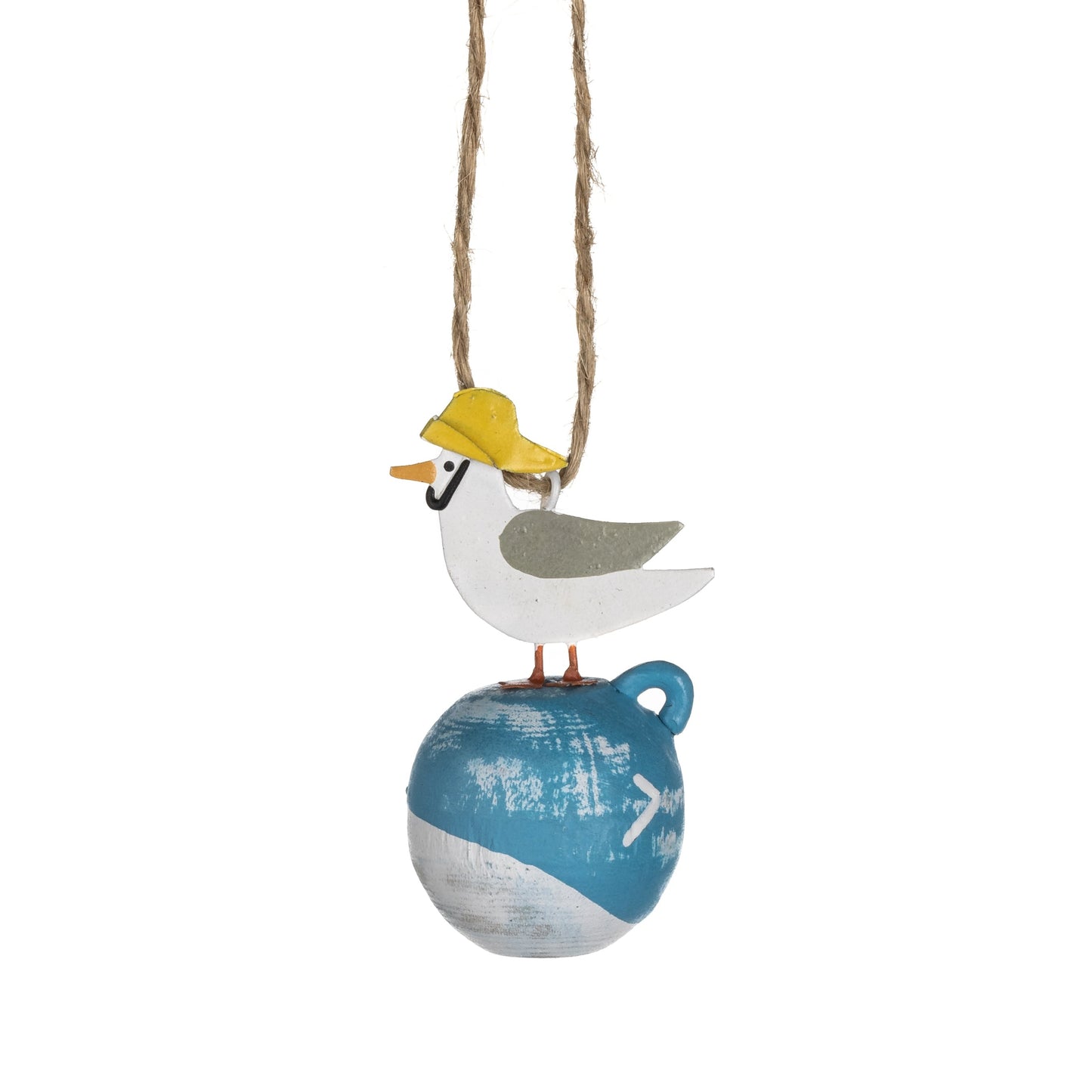 Seagull on blue bouy hanging