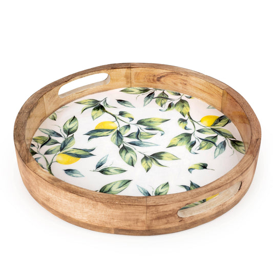 Handcrafted Round Lemon patterned Mango Wood Tray