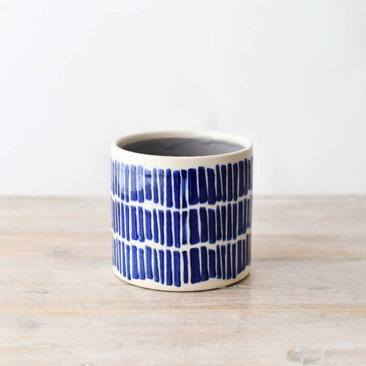 Blue Vertical Lined Stoneware Medium Planter