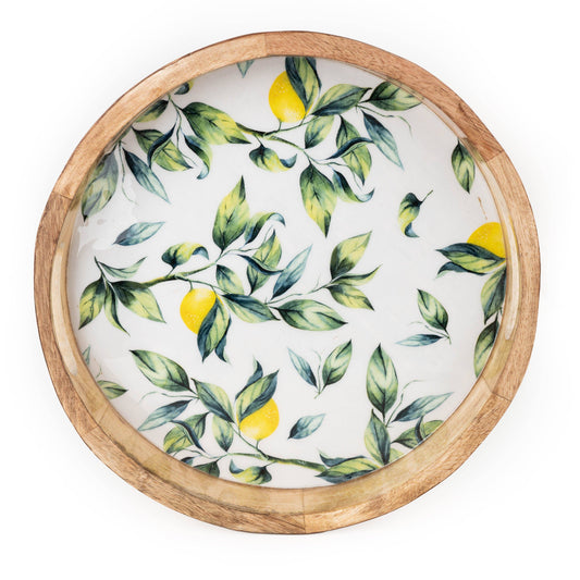 Handcrafted Round Lemon patterned Mango Wood Tray