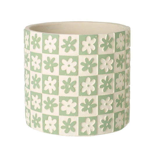 Large Green Flower/Check Patterned Pot