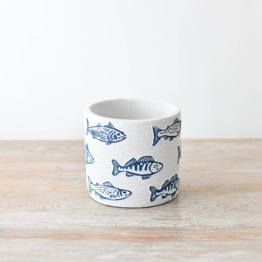 Blue & White Fish Design Small Planter