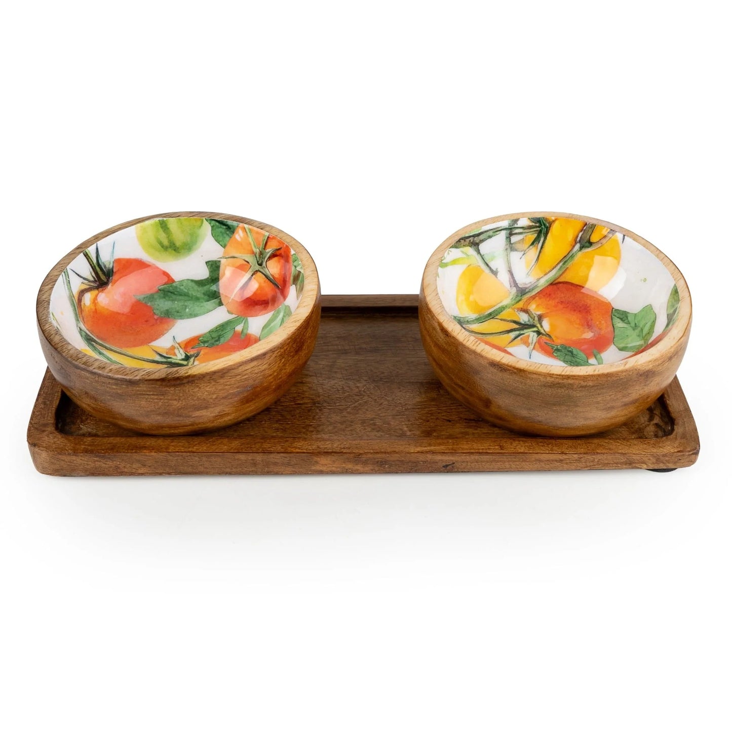 Handcrafted Tomato Patterned Set Of 2 Dipping Bowls On Tray