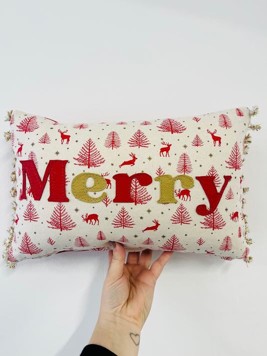 Red Leather Merry Christmas Cushion