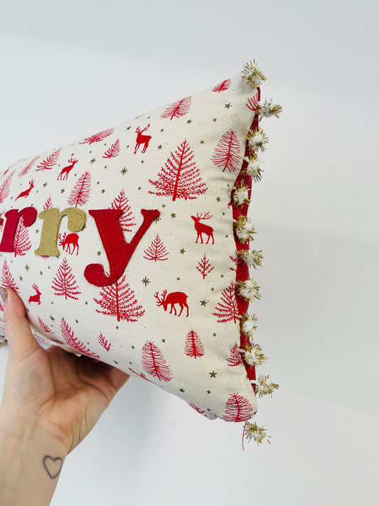 Red Leather Merry Christmas Cushion