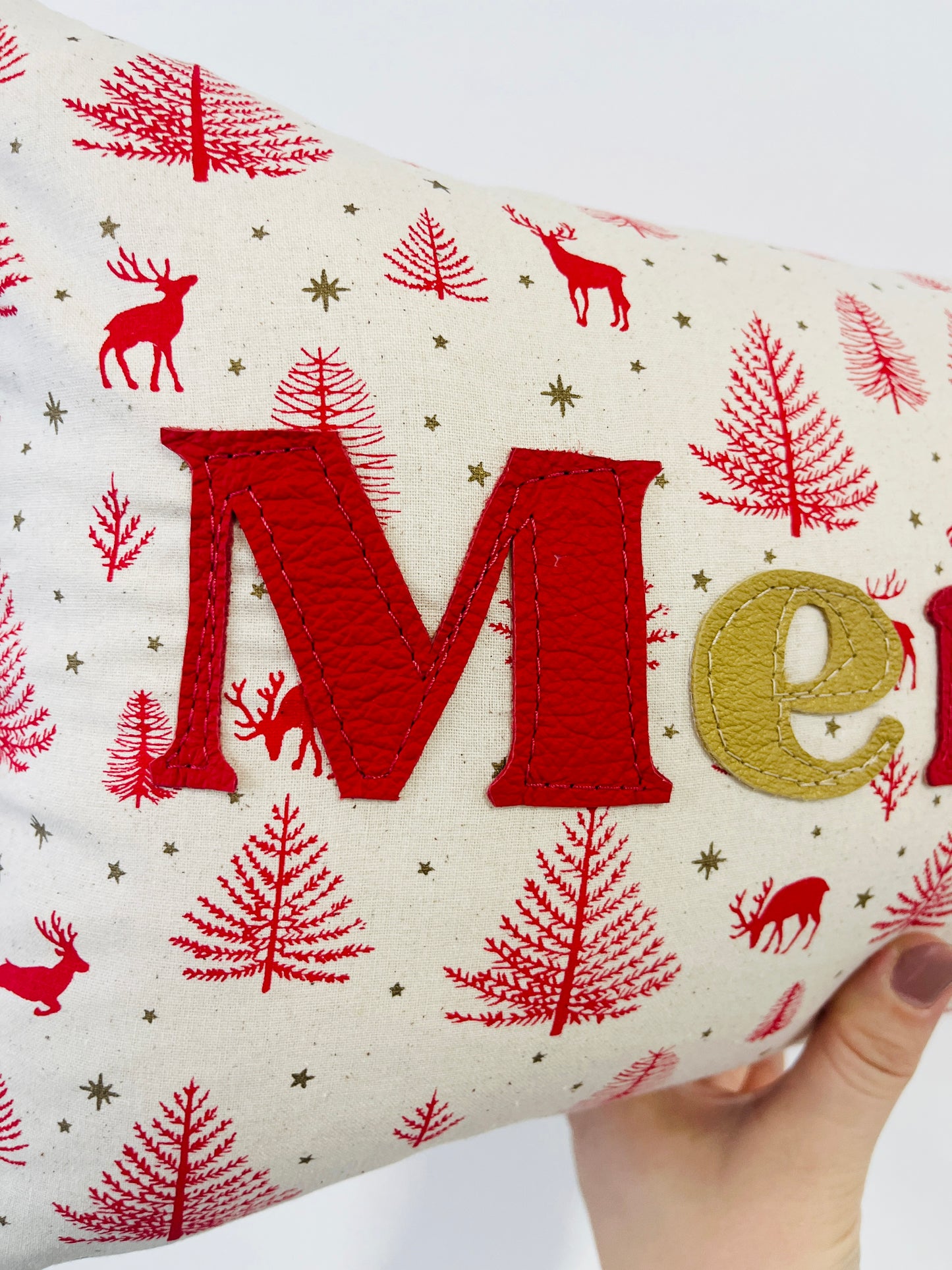 Red Leather Merry Christmas Cushion