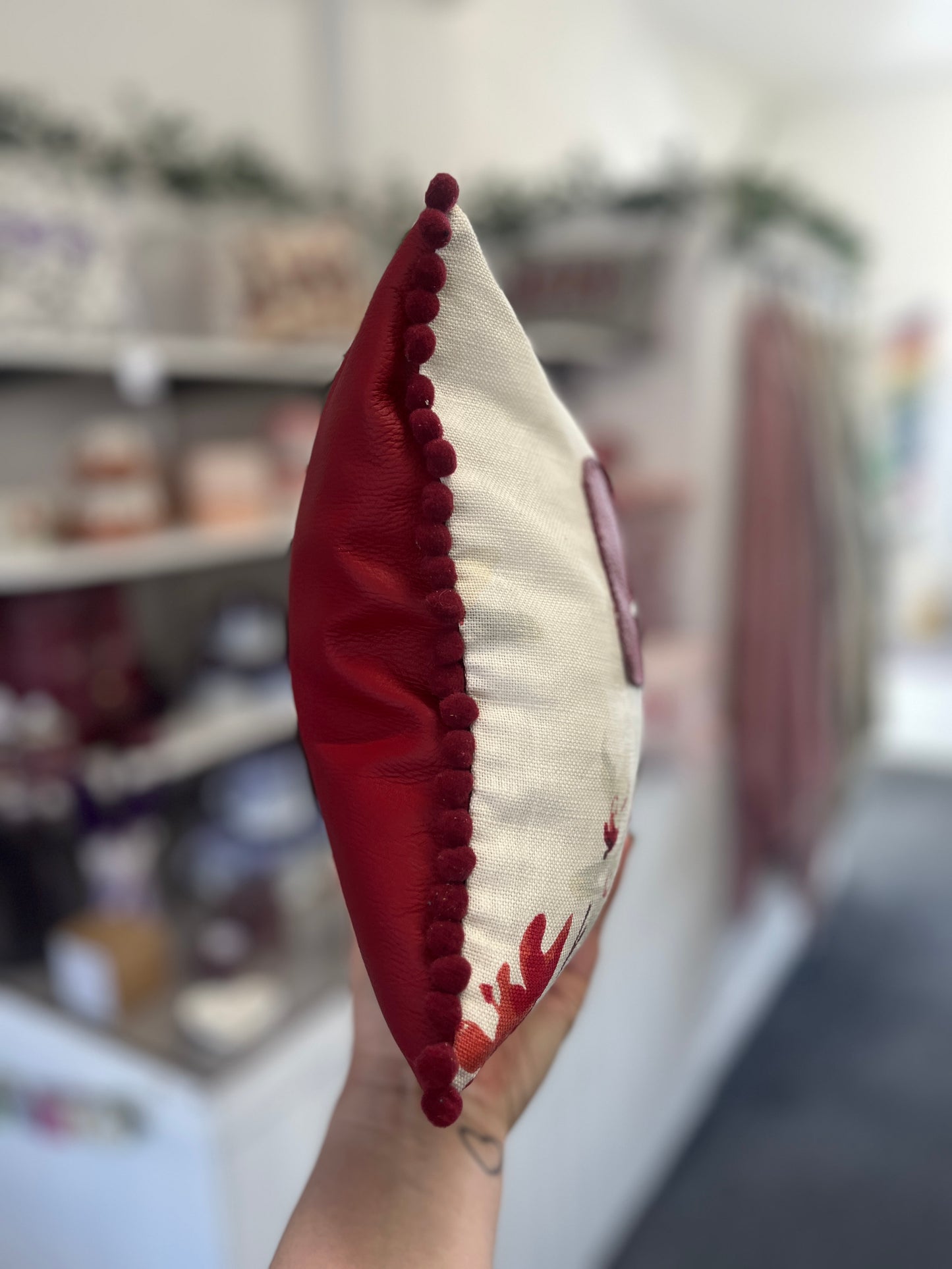 Ruby Red Leather Love Cushion.