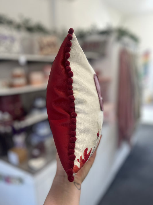 Ruby Red Leather Love Cushion.