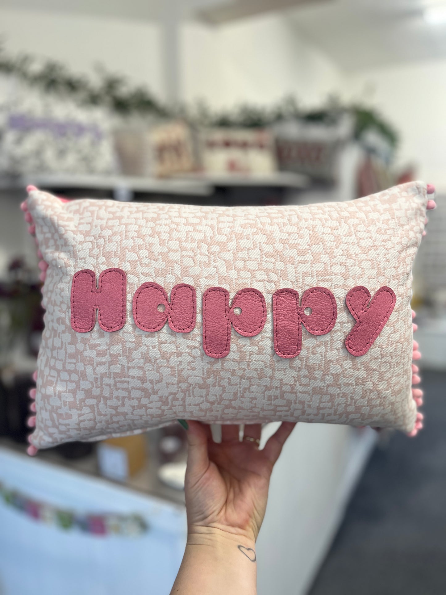 Light Pink Leather Happy Cushion.