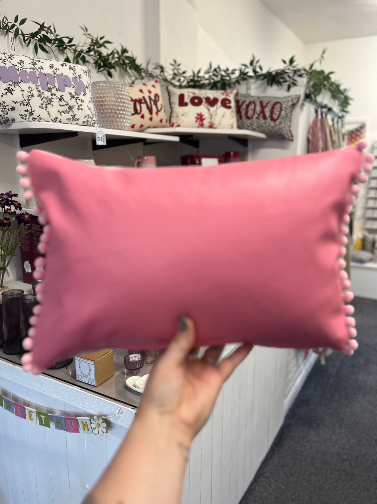Light Pink Leather Happy Cushion.