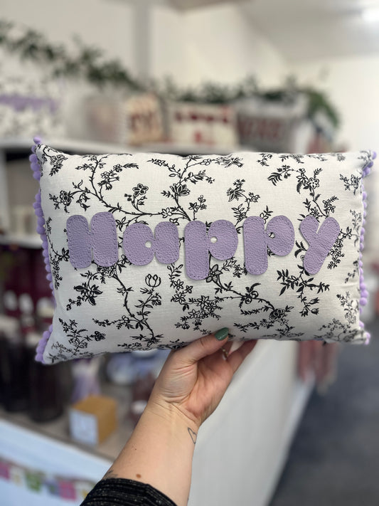 Lilac Leather Happy Cushion.