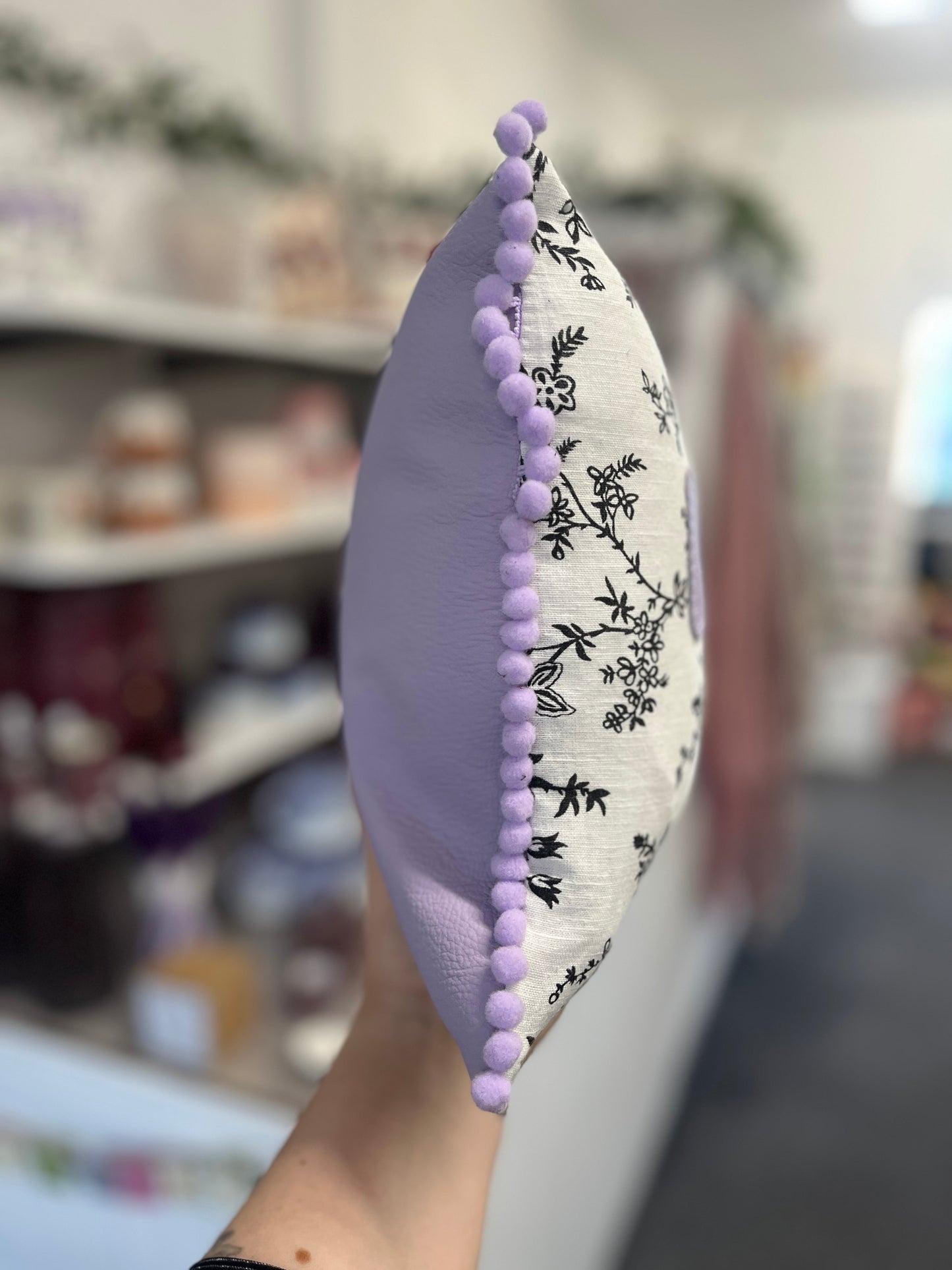 Lilac Leather Happy Cushion.
