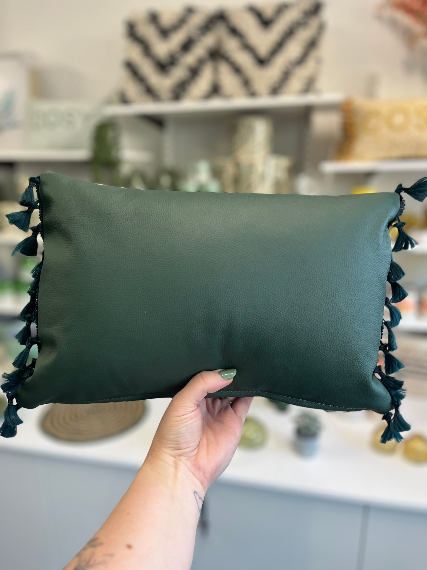 Forest Green Leather Calm Cushion.