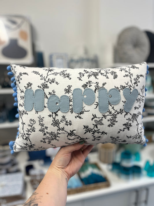 Light Blue Leather Happy Cushion.