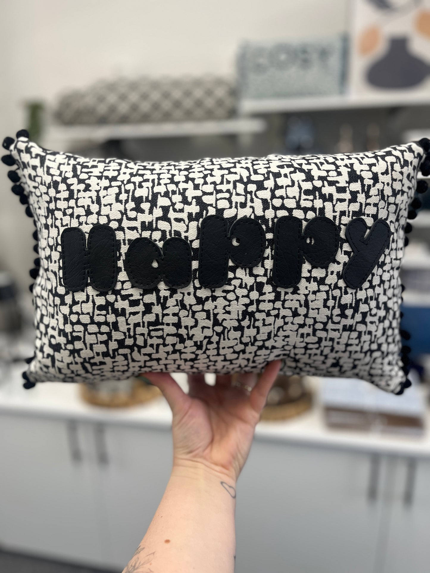 Black Leather Happy Cushion.