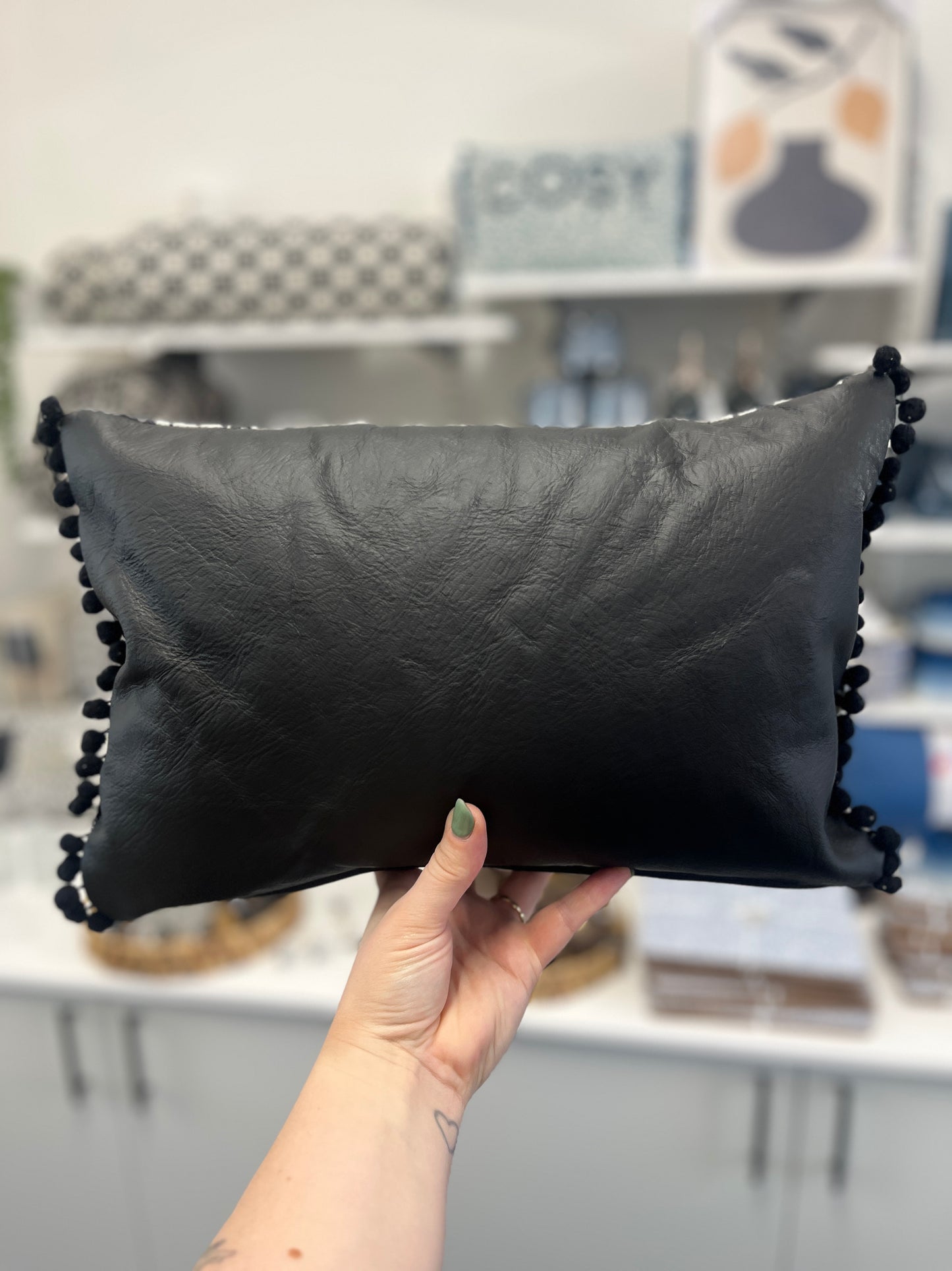 Black Leather Happy Cushion.
