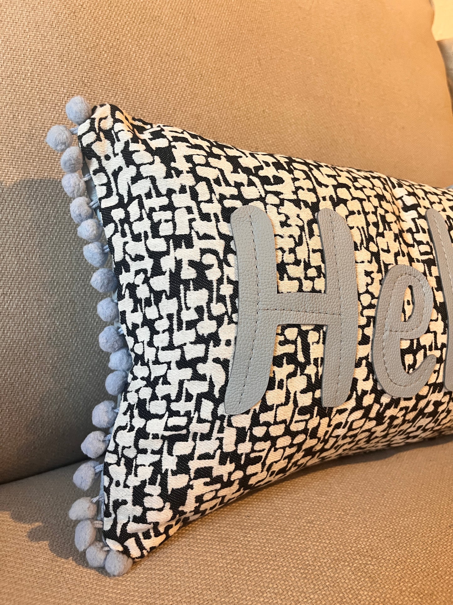 Light Blue Leather Hello Cushion