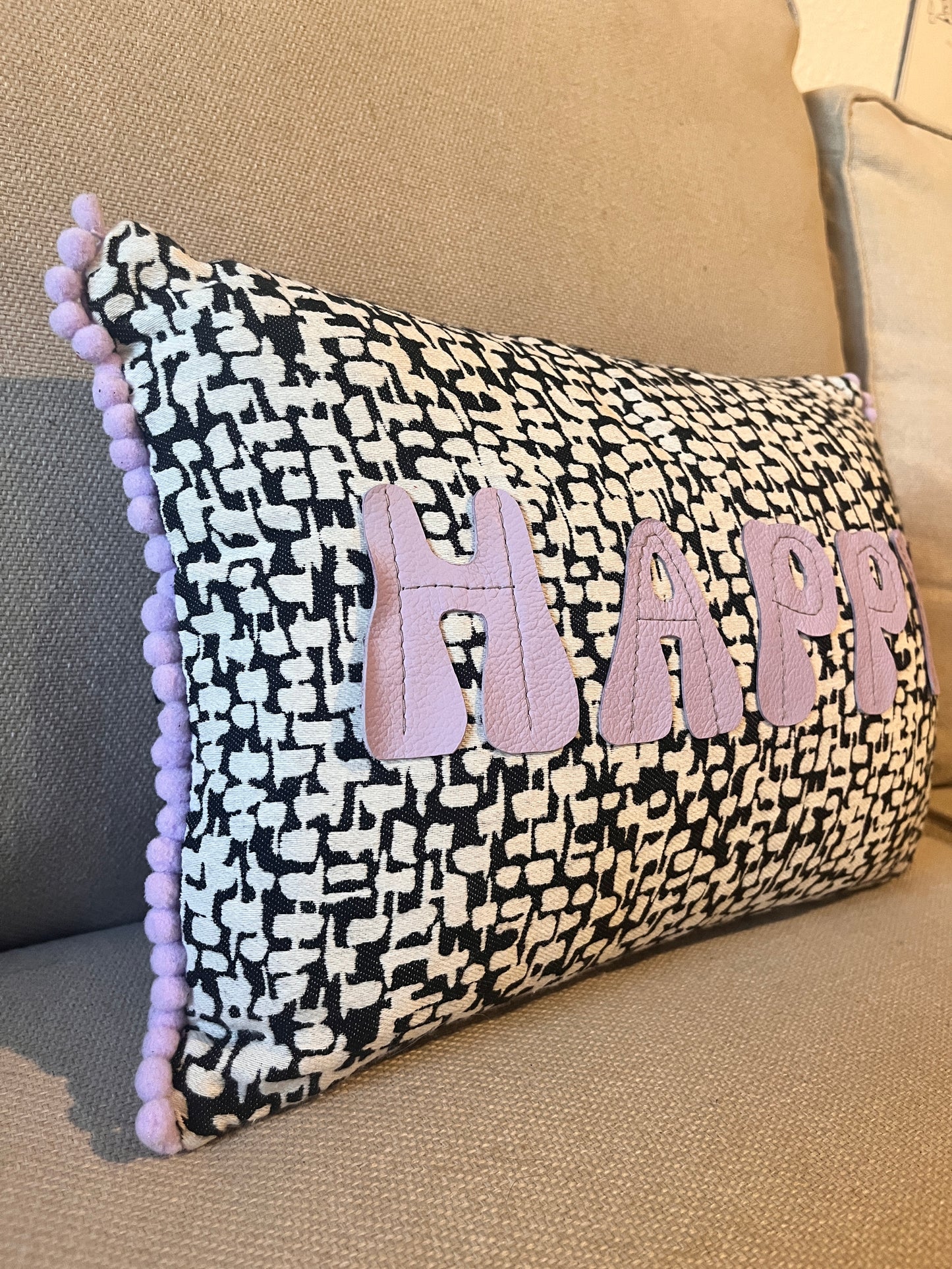 Lilac Leather Happy Cushion