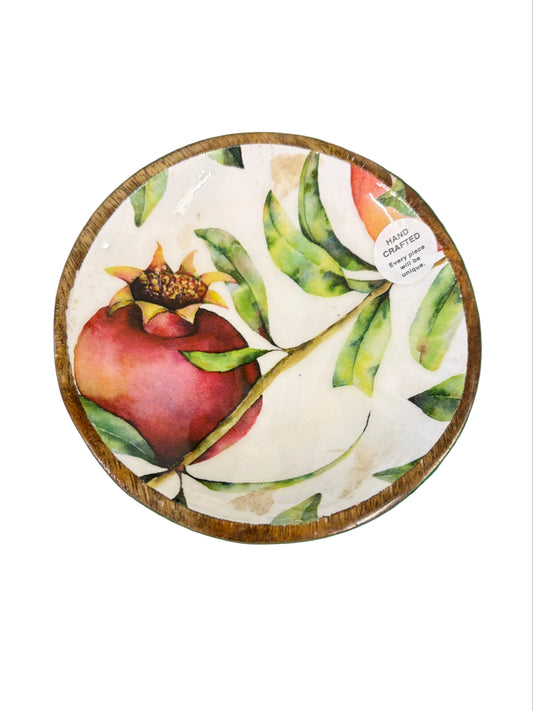 Handcrafted Round Pomegranate Patterned Mango Wood Dish