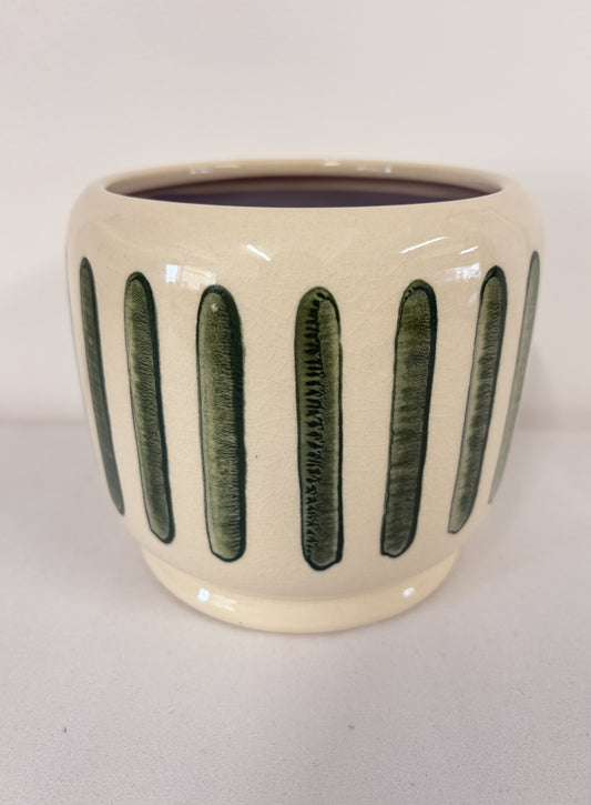 Green Stripe Glazed Ceramic Medium Planter