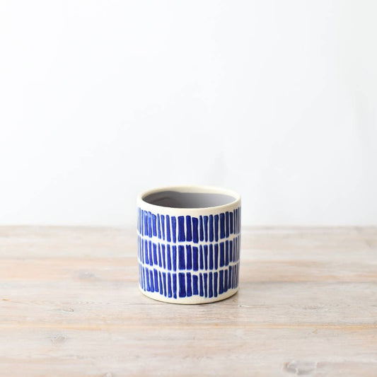 Blue Vertical Lined Stoneware Small Planter