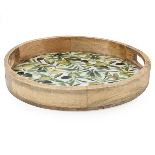 Handcrafted Round Olive patterned Mango Wood Tray