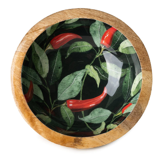 Handcrafted Round Chilli patterned Mango Wood Bowl