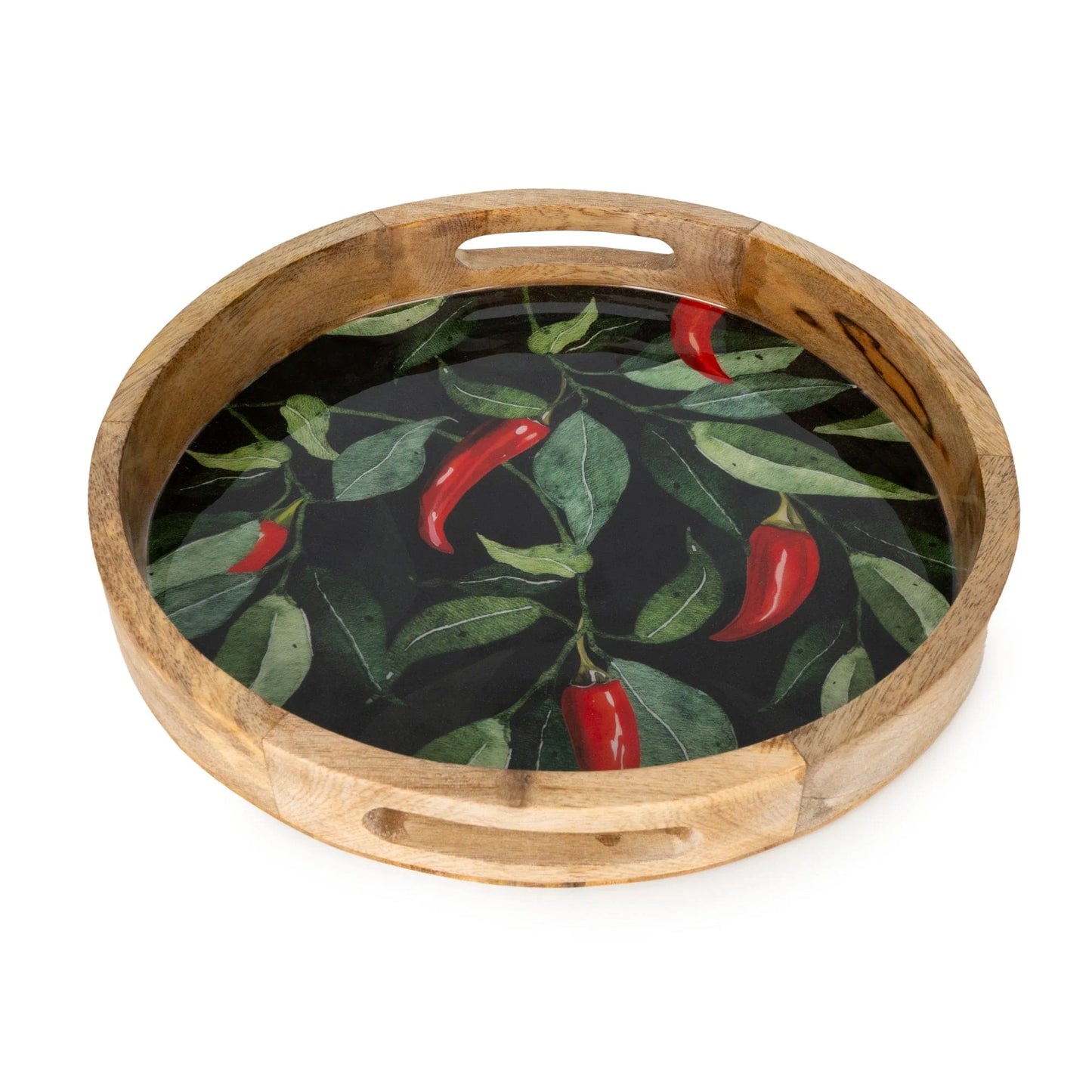 Handcrafted Round Chilli patterned Mango Wood Tray