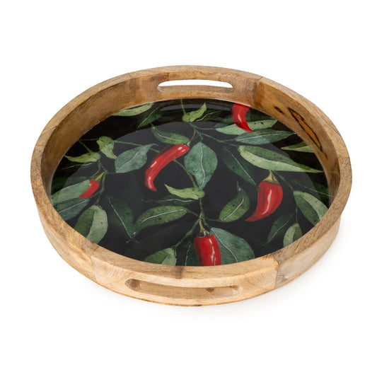 Handcrafted Round Chilli patterned Mango Wood Tray