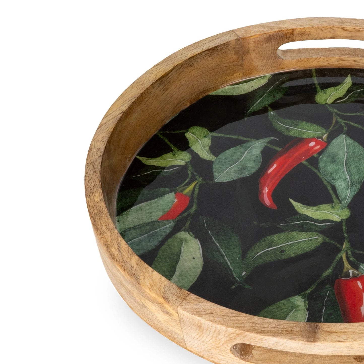 Handcrafted Round Chilli patterned Mango Wood Tray
