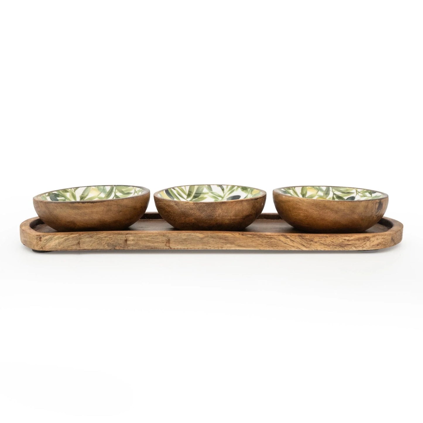 Handcrafted Olive Patterned Mango Wood Set Of 3 Dipping Bowls