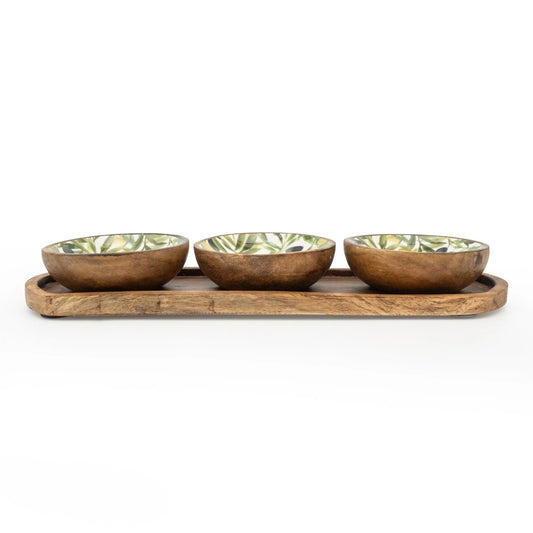 Handcrafted Olive Patterned Mango Wood Set Of 3 Dipping Bowls